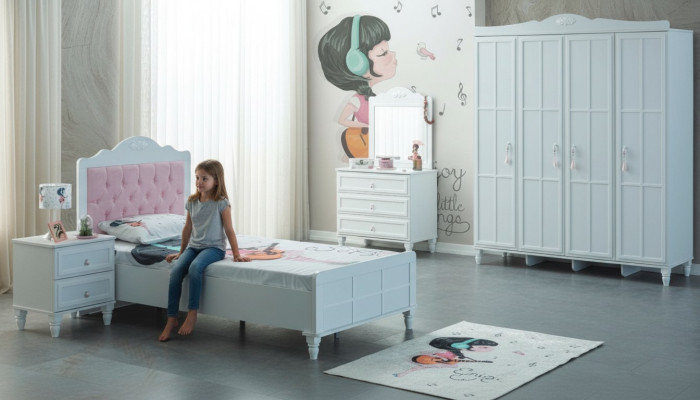 Camera dei bambini Set completo di mobili per bambini Letto in legno Set 5 pezzi Bianco