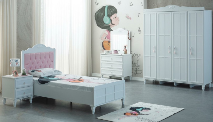 Camera dei bambini Set completo di mobili per bambini Letto in legno Set 5 pezzi Bianco