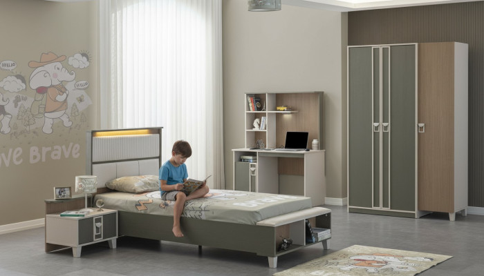 Set di arredo per camera da letto per bambini, letto per bambini, mobili per bambini in legno grigio, 4 pezzi.