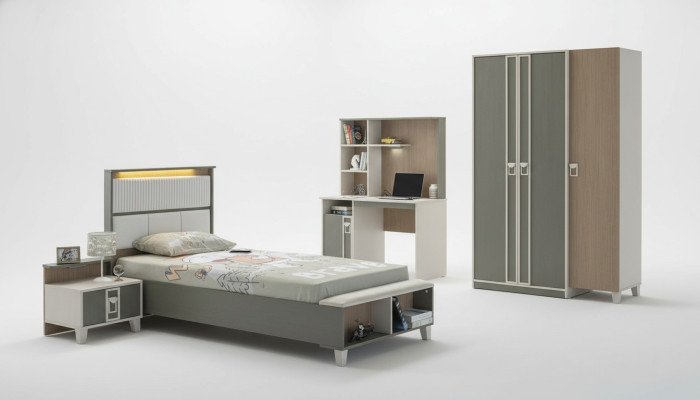 Set di arredo per camera da letto per bambini, letto per bambini, mobili per bambini in legno grigio, 4 pezzi.