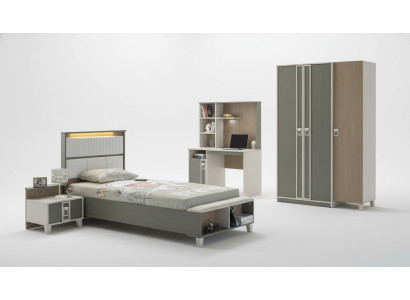 Set di arredo per camera da letto per bambini, letto per bambini, mobili per bambini in legno grigio, 4 pezzi.