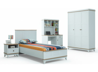 Completo letto per ragazzi, mobili per bambini, letto per bambini bianco in legno, set moderno 4 pezzi.