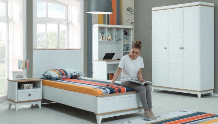 Letto per bambini Arredamento per bambini Letto completo in legno bianco 4 pezzi Moderno