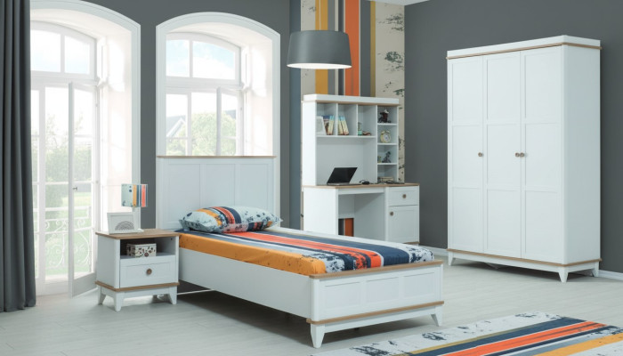 Letto per bambini Arredamento per bambini Letto completo in legno bianco 4 pezzi Moderno