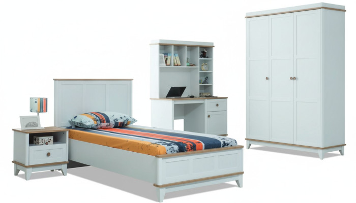 Letto per bambini Arredamento per bambini Letto completo in legno bianco 4 pezzi Moderno