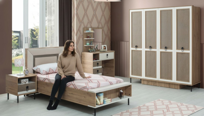 Set di mobili per la camera dei bambini, letto per bambini in legno marrone, arredamento per bambini, 5 pezzi.