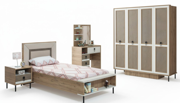 Set di mobili per la camera dei bambini, letto per bambini in legno marrone, arredamento per bambini, 5 pezzi.