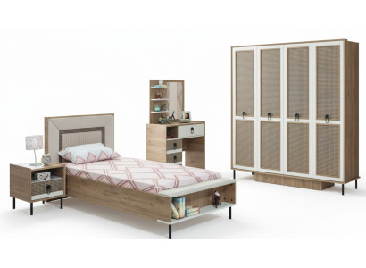Set di mobili per la camera dei bambini, letto per bambini in legno marrone, arredamento per bambini, 5 pezzi.