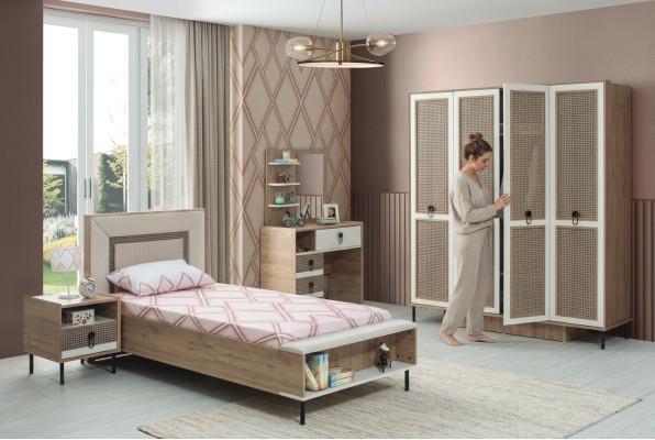 Set da camera da letto con letto per ragazzi, letto per bambini in legno marrone, set 5 pezzi letto moderno.