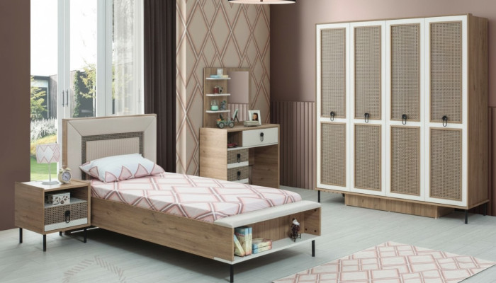 Set da camera da letto con letto per ragazzi, letto per bambini in legno marrone, set 5 pezzi letto moderno.