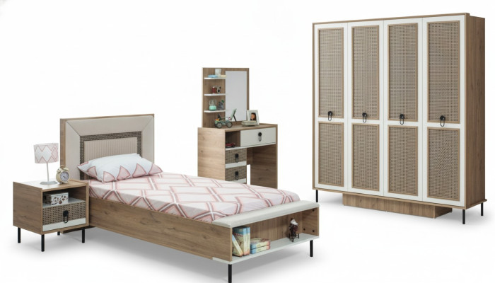 Set da camera da letto con letto per ragazzi, letto per bambini in legno marrone, set 5 pezzi letto moderno.