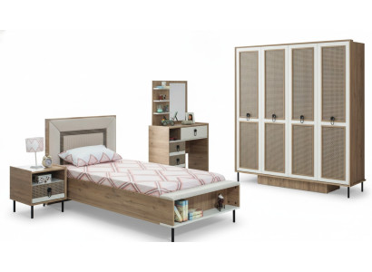 Set da camera da letto con letto per ragazzi, letto per bambini in legno marrone, set 5 pezzi letto moderno.