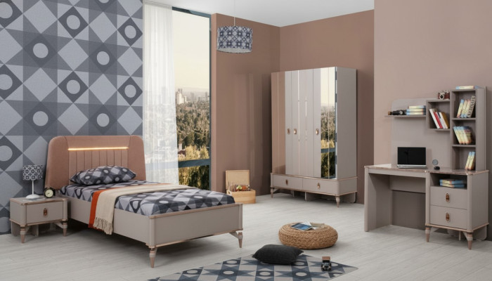 Completo di mobili per bambini Letto per ragazze Set in legno 4 pezzi Beige per camera da letto per bambini.