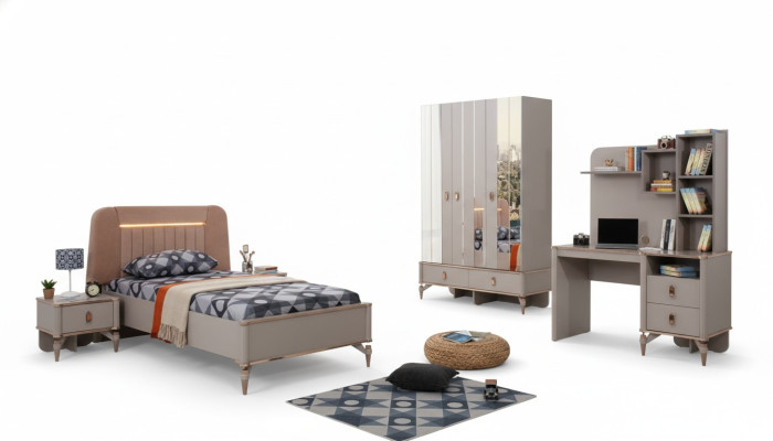 Completo di mobili per bambini Letto per ragazze Set in legno 4 pezzi Beige per camera da letto per bambini.