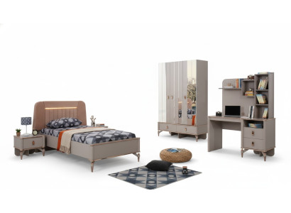 Completo di mobili per bambini Letto per ragazze Set in legno 4 pezzi Beige per camera da letto per bambini.