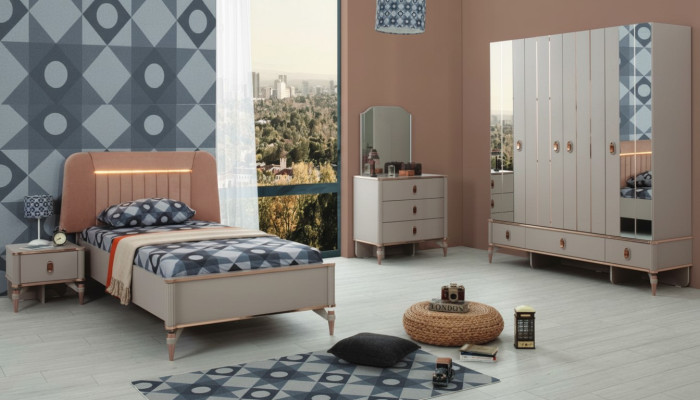 Letto per bambini Mobili per bambini Letto per bambini Set completo in legno beige 5 pezzi Moderno