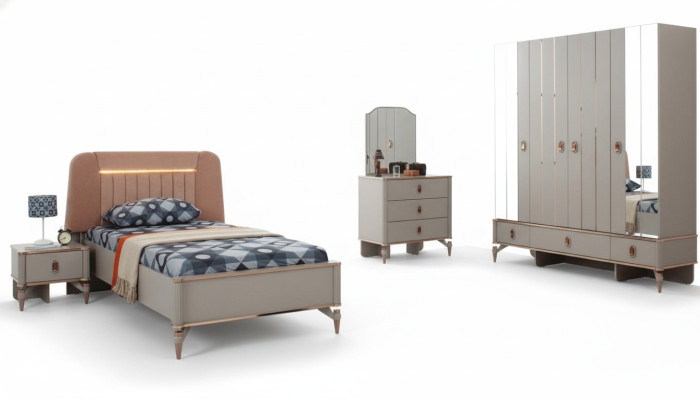Letto per bambini Mobili per bambini Letto per bambini Set completo in legno beige 5 pezzi Moderno