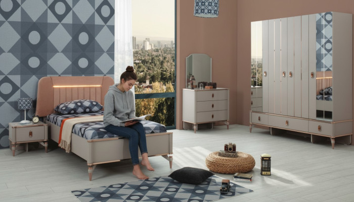 Letto per ragazzi completo, mobili per bambini, letto per bambini in legno beige, set moderno da 5 pezzi.