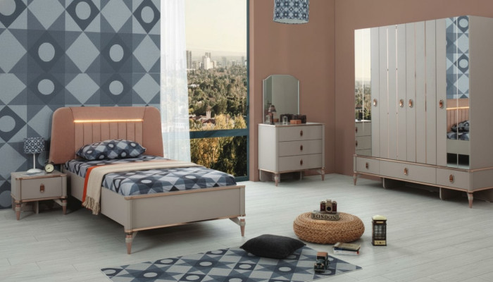 Letto per ragazzi completo, mobili per bambini, letto per bambini in legno beige, set moderno da 5 pezzi.
