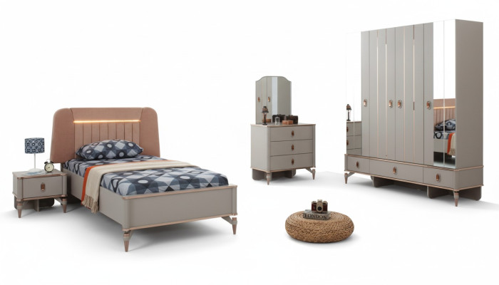 Letto per ragazzi completo, mobili per bambini, letto per bambini in legno beige, set moderno da 5 pezzi.