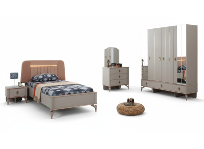 Letto per ragazzi completo, mobili per bambini, letto per bambini in legno beige, set moderno da 5 pezzi.
