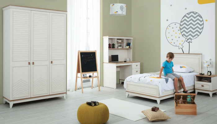 Set da camera da letto per bambini con letto giovanile bianco in legno, 4 pezzi.