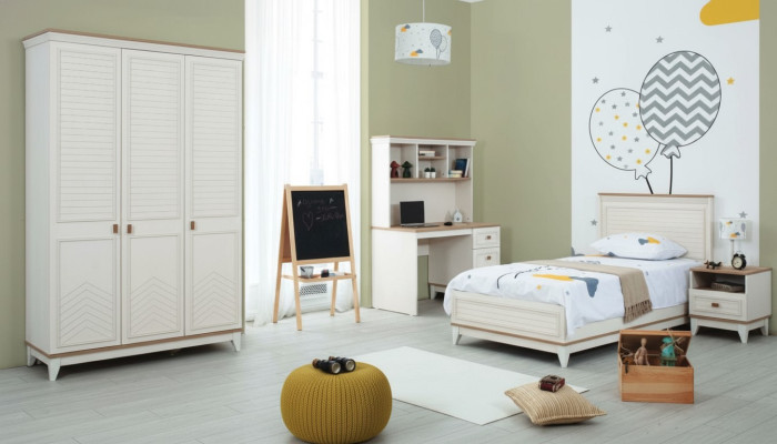 Set da camera da letto per bambini con letto giovanile bianco in legno, 4 pezzi.