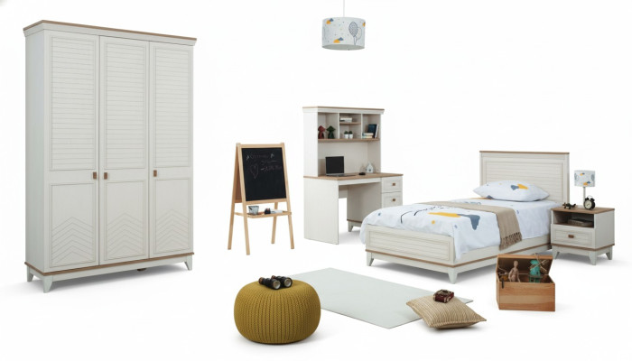 Set da camera da letto per bambini con letto giovanile bianco in legno, 4 pezzi.