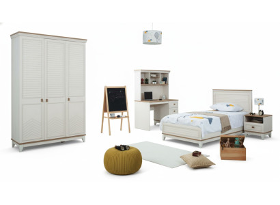 Set da camera da letto per bambini con letto giovanile bianco in legno, 4 pezzi.