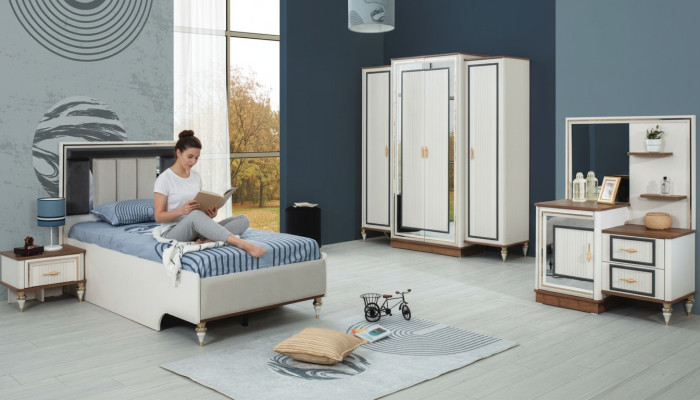 Set camera da letto Letto per ragazzi Letto per bambini Bianco Legno Set 5 pezzi Letto Moderno