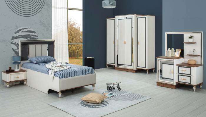 Set camera da letto Letto per ragazzi Letto per bambini Bianco Legno Set 5 pezzi Letto Moderno