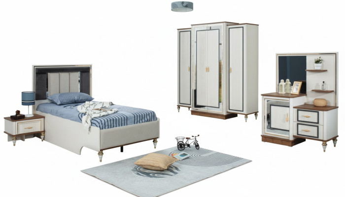 Set camera da letto Letto per ragazzi Letto per bambini Bianco Legno Set 5 pezzi Letto Moderno