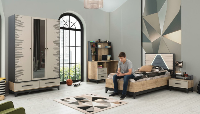 Set completo mobili per bambini Letto da ragazzo Letto in legno 4 pezzi Camera per bambini Marrone