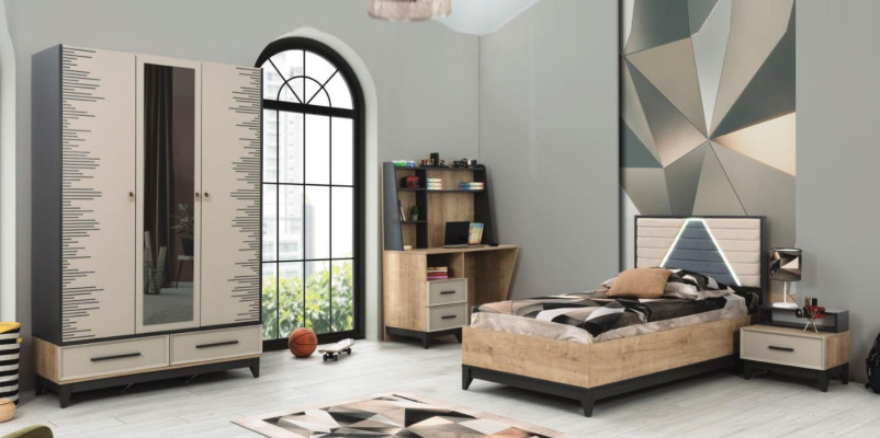Set completo mobili per bambini Letto da ragazzo Letto in legno 4 pezzi Camera per bambini Marrone