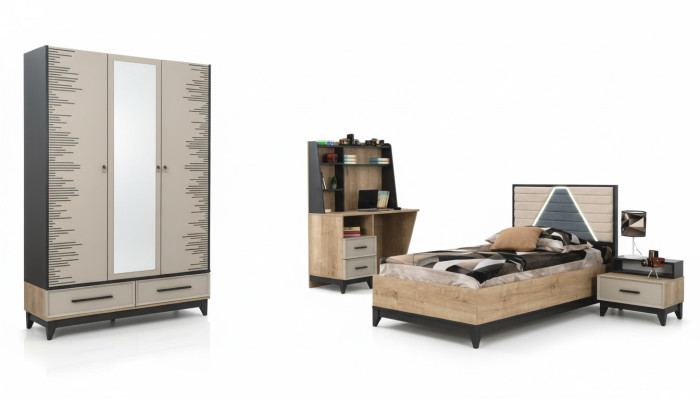 Set completo mobili per bambini Letto da ragazzo Letto in legno 4 pezzi Camera per bambini Marrone