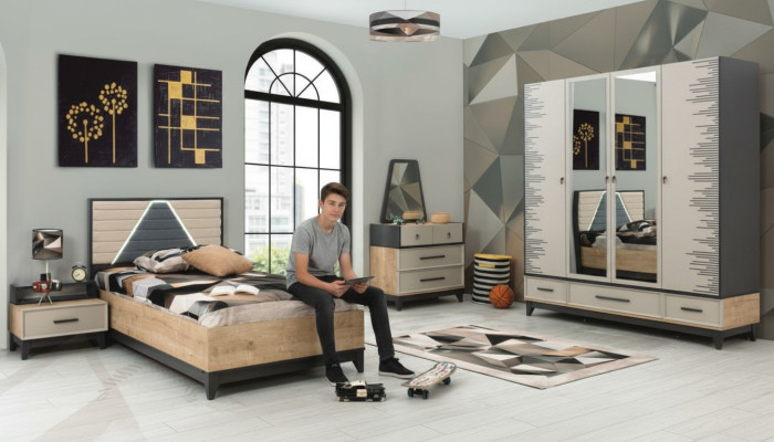 Garnitura per camera da bambini, letto, armadio, set in legno marrone, letto per ragazzi, 5 pezzi, mobili.