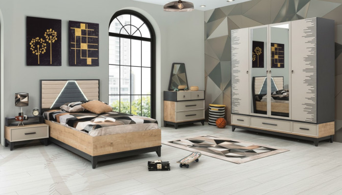 Garnitura per camera da bambini, letto, armadio, set in legno marrone, letto per ragazzi, 5 pezzi, mobili.