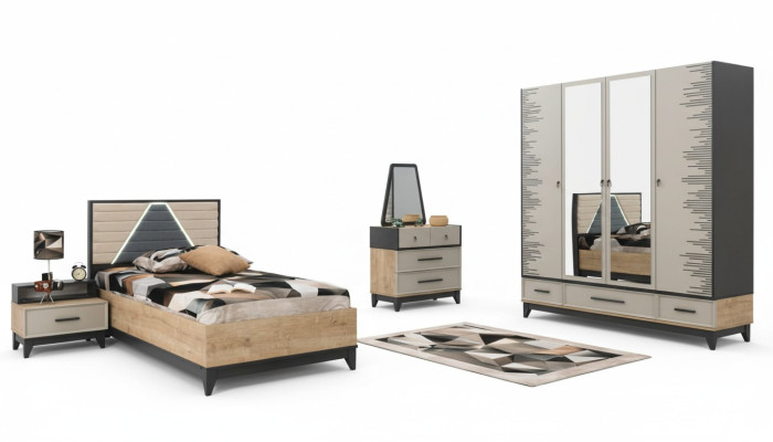 Garnitura per camera da bambini, letto, armadio, set in legno marrone, letto per ragazzi, 5 pezzi, mobili.