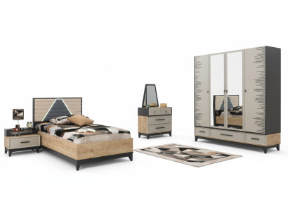 Garnitura per camera da bambini, letto, armadio, set in legno marrone, letto per ragazzi, 5 pezzi, mobili.