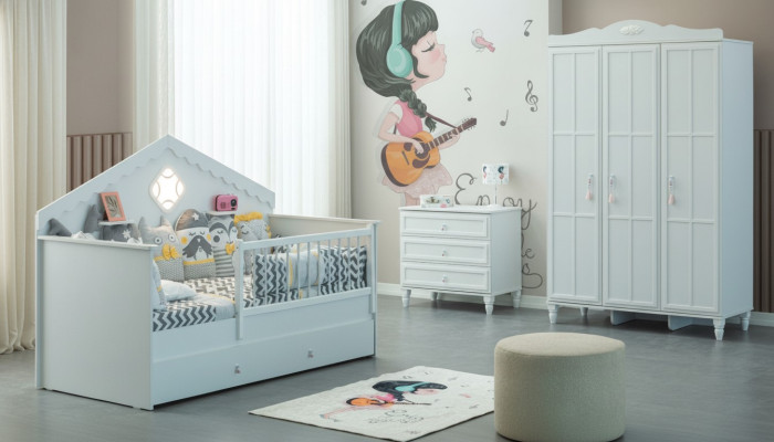 Set lettino per bambini, recinzione per bambini, lettino bianco in legno, 3 pezzi.