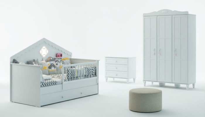 Set lettino per bambini, recinzione per bambini, lettino bianco in legno, 3 pezzi.