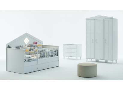 Set lettino per bambini, recinzione per bambini, lettino bianco in legno, 3 pezzi.