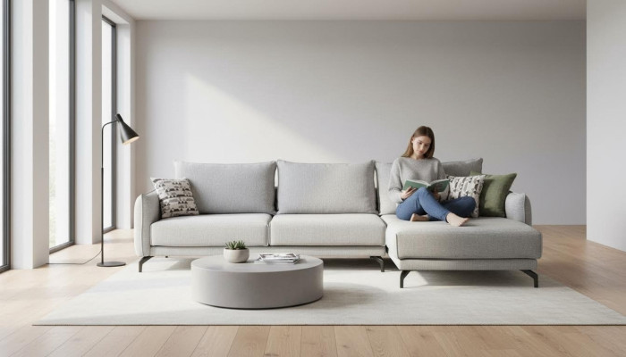 Divano a L angolare Moderno in Tessuto Grigio.