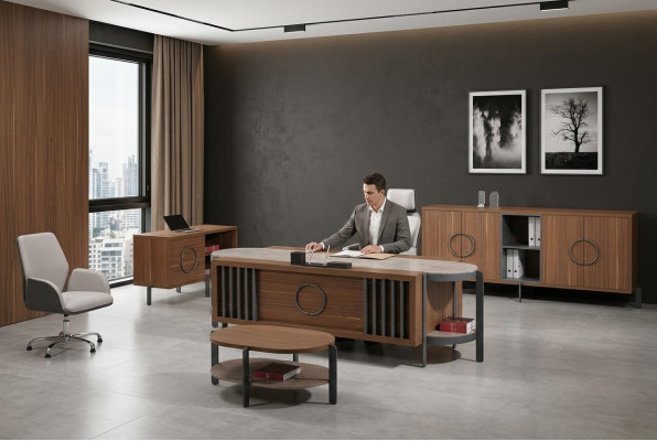 Gruppo di scrivanie da ufficio, set di scrivanie da ufficio 4 pezzi in legno marrone con grande cassettiera.
