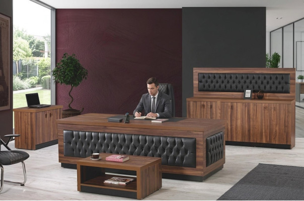 Mobili da ufficio di lusso, set da scrivania per ufficio completo 4 pezzi in legno marrone.