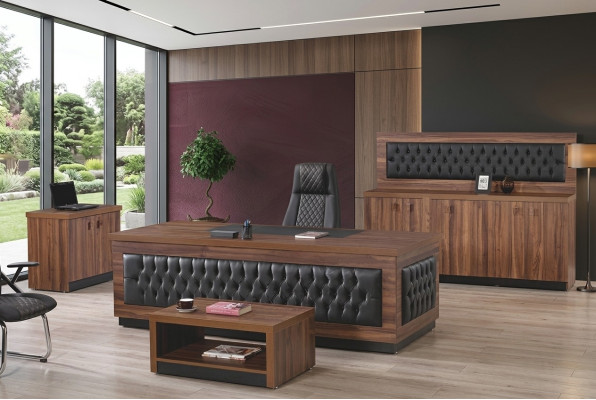 Mobili da ufficio di lusso, set da scrivania per ufficio completo 4 pezzi in legno marrone.