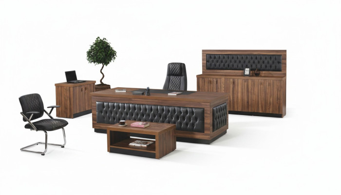 Mobili da ufficio di lusso, set da scrivania per ufficio completo 4 pezzi in legno marrone.