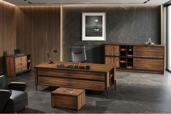 Mobili da ufficio - Set scrivania da ufficio in legno marrone 4 pezzi.
