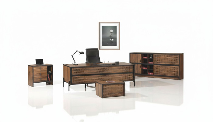Mobili da ufficio - Set scrivania da ufficio in legno marrone 4 pezzi.