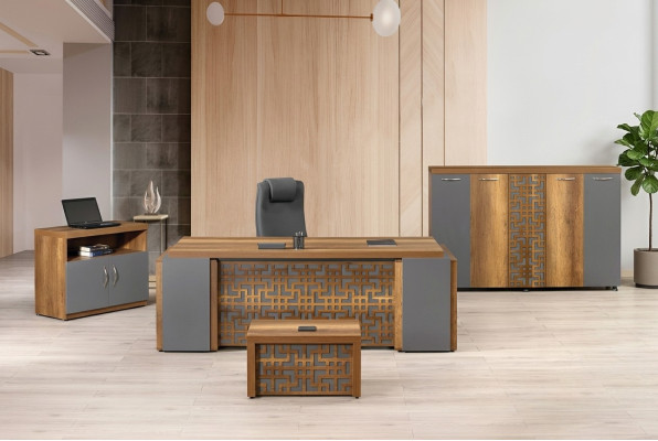 Tavolo da ufficio Mobili da ufficio Ufficio completo Set scrivania in legno marrone 4 pezzi Ufficio